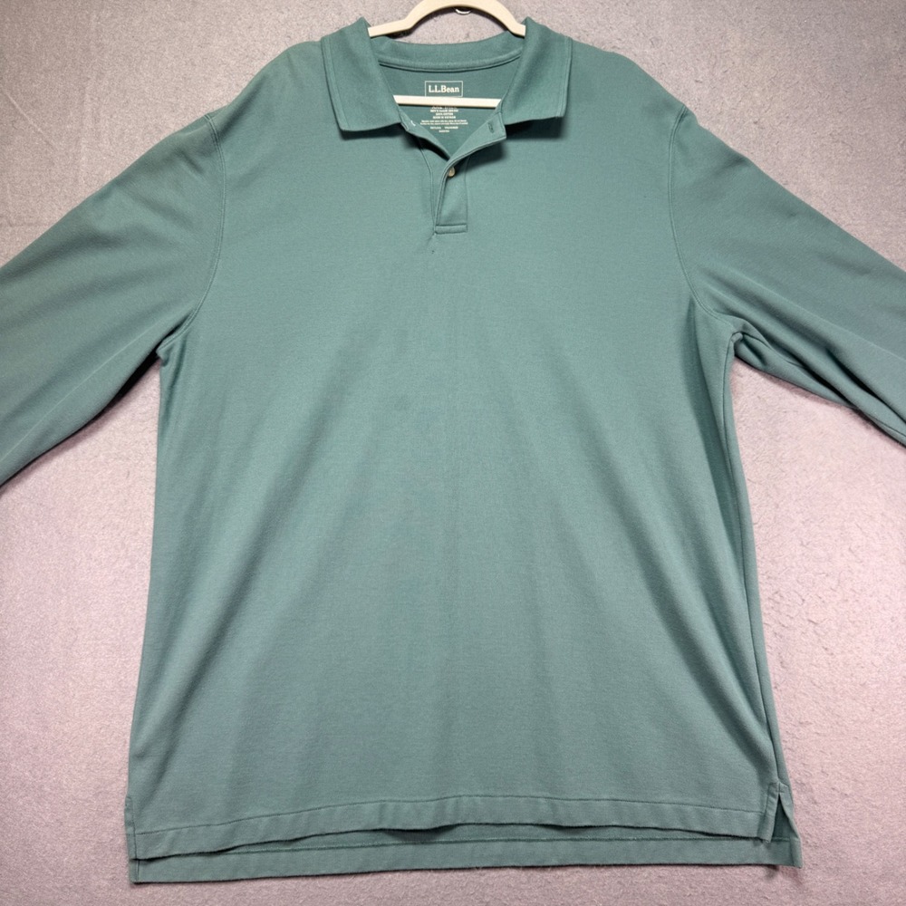 LLBean Mens Long‎ Sleeve Polo Shirt Green Cotton Classic Fit Casual Size XXLT